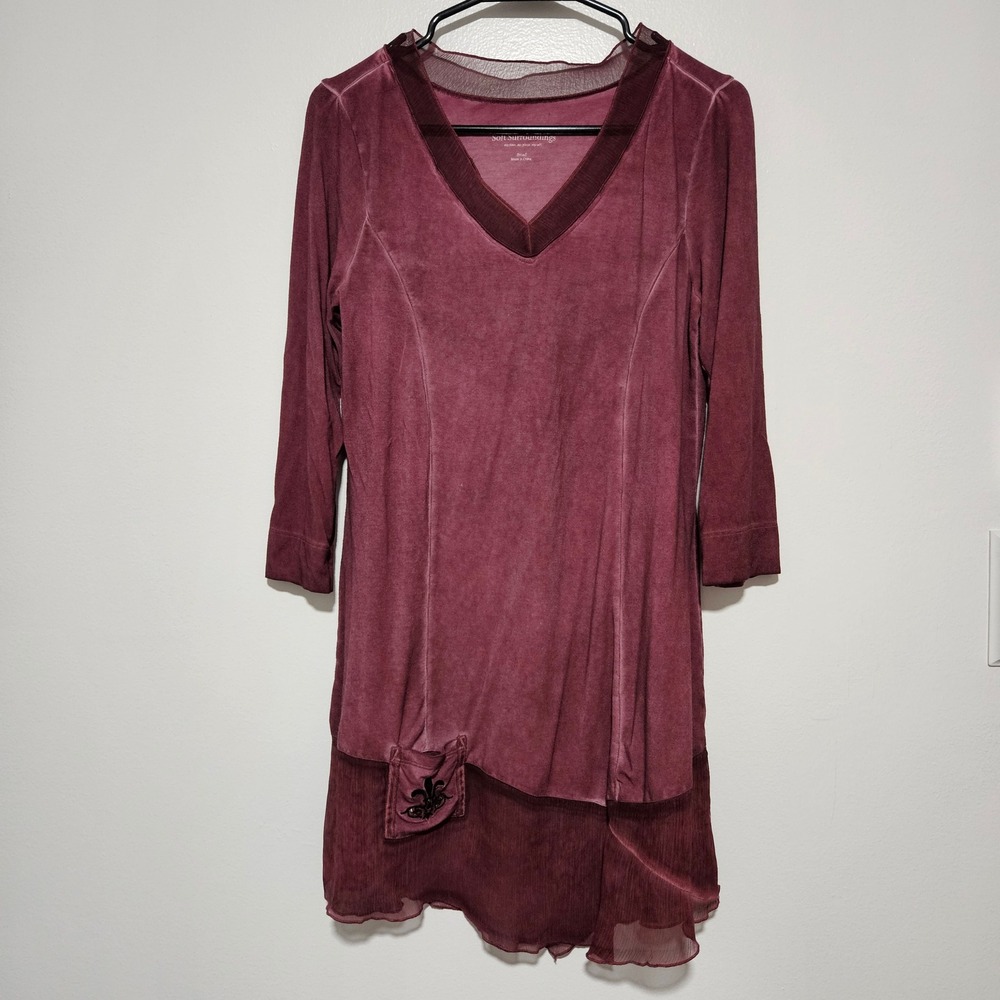 Soft Surroundings Burgundy Velvet Tunic Fleur De Lis Mesh Trim V-Neck Top Small